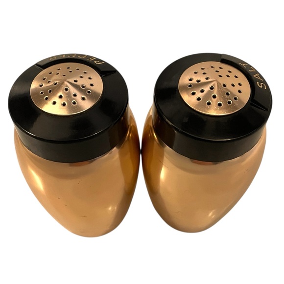Vintage Aluminum Copper Finish Salt & Pepper Shakers Black Lids Lettering NICE - Picture 4 of 11